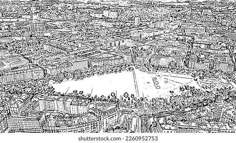 Geneva, Switzerland. Flight over the central part of the city. Plen de Plenpale Square. Doodle sketch style. Aerial view