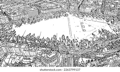 Geneva, Switzerland. Flight over the central part of the city. Plen de Plenpale Square. Doodle sketch style. Aerial view