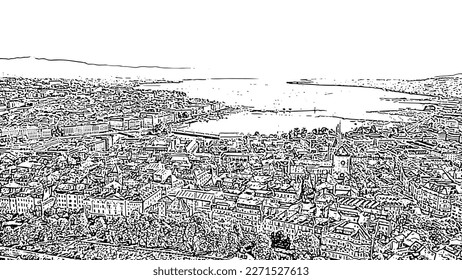Geneva, Switzerland. Flight over the central part of the city. Lake Geneva. Doodle sketch style. Aerial view