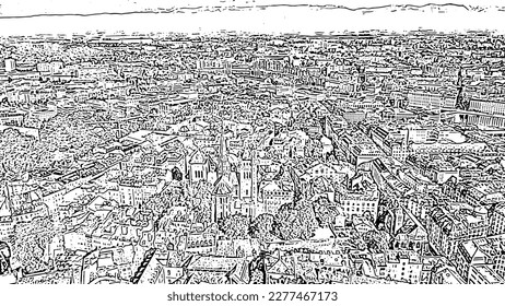 Geneva, Switzerland. Flight over the central part of the city. Doodle sketch style. Aerial view