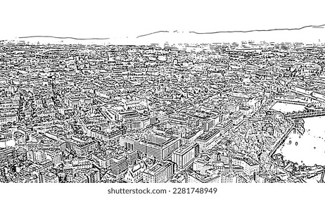 Geneva, Switzerland. Flight over the central part of the city. Doodle sketch style. Aerial view