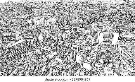 Geneva, Switzerland. Flight over the central part of the city. Doodle sketch style. Aerial view
