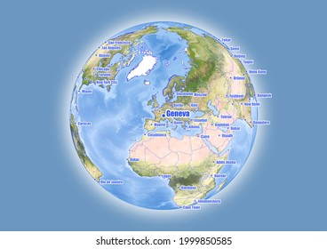 Geneva-Switzerland is shown on vector globe map. The map shows Geneva-Switzerland 's location in the world.