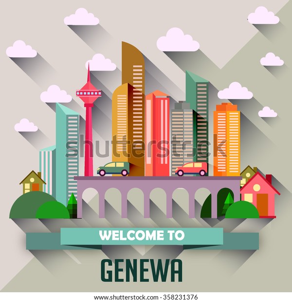 Genewa - Flat\
design city vector\
illustration