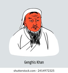 Genghis Khan is the founder and first great khan of the Mongol Empire, commander. Hand drawn vector illustration