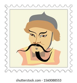 Genghis Khan, historic person and founder of the Mongol empire. Vector portrait on stamp. Famous people series. Great conqueror and one of most cruel, bloody ruler in history. Asian medieval history