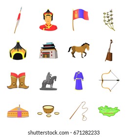 Genghis Khan, a monastery, Yurt and other sights of Mongolia. Mongolia set collection icons in cartoon style vector symbol stock illustration web.