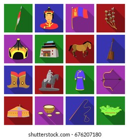 Genghis Khan, a monastery, Yurt and other sights of Mongolia. Mongolia set collection icons in flat style vector symbol stock illustration web.