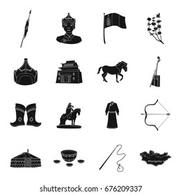 Genghis Khan, a monastery, Yurt and other sights of Mongolia. Mongolia set collection icons in black style vector symbol stock illustration web.