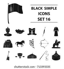 Genghis Khan, a monastery, Yurt and other sights of Mongolia. Mongolia set collection icons in black style vector symbol stock illustration web.