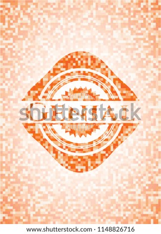 Genial abstract orange mosaic emblem with background