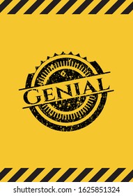 Genial black grunge emblem, yellow warning sign. Vector Illustration. Detailed.