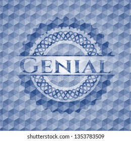 Genial blue emblem or badge with abstract geometric polygonal pattern background.