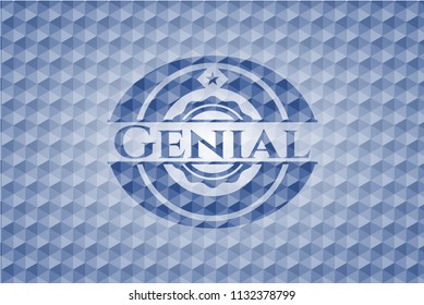 Genial blue emblem or badge with geometric pattern background.