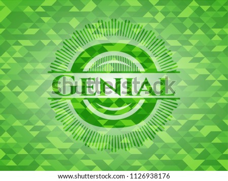 Genial green emblem with mosaic background