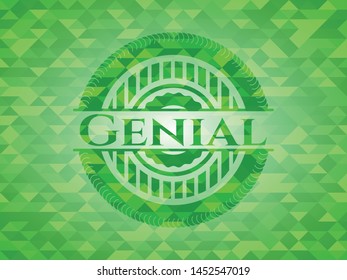 Genial green emblem with mosaic ecological style background. Vector Illustration. Detailed.