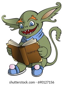 Genial gremlin reading magic book, vector illustration