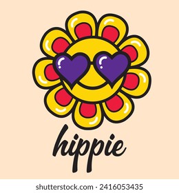 Geniales pegatinas hippies de los años 70. Flor divertida de dibujos animados, paz, amor, corazón, margarita, estilo de dibujos animados psicodélicos retro moderno. Poder de la flor. Buenas vibracione