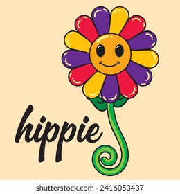 Geniales pegatinas hippies de los años 70. Flor divertida de dibujos animados, paz, amor, corazón, margarita, estilo de dibujos animados psicodélicos retro moderno. Poder de la flor. Buenas vibracione