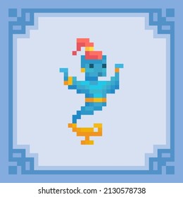 Genie Appear From Magic Lamp. Pixel Art Character. Vector Illustration In 8 Bit Style