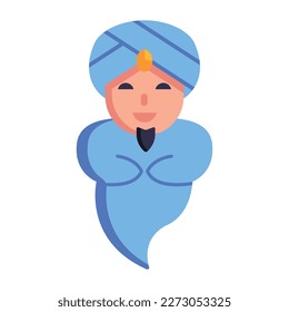 A genie avatar in blue costume, flat icon 