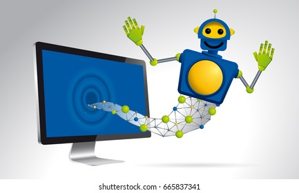 Genie blue robot floating out of the screen of a computer on white - Vector image