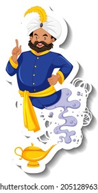 Genie coming out magic lamp cartoon character sticker illustration
