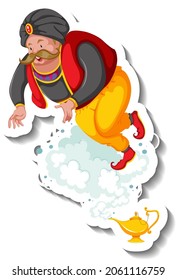 Genie coming out of magic lamp cartoon character sticker illustration
