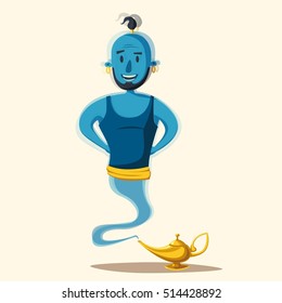 Genie Coming Out Of A Magic Lamp. Cartoon Vector Illustration. Persian Culture. Old Fable