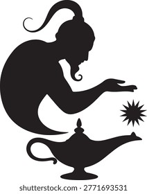 Genie emerging from a magic lamp silhouette with a sparkling star for fantasy storytelling Arabian nights themes and enchanting design