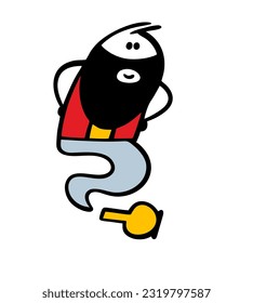 Genie flies out of the vessel, an ancient Arabic fairy tale. Vector illustration of a fairy-tale character with a black beard. Hand drawn stick figure stickman isolated on white background.