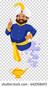 Genie flying out of golden lamp illustration