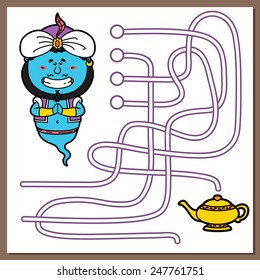 Genie game. Vector illustration of maze(labyrinth) game with cute Genie for children