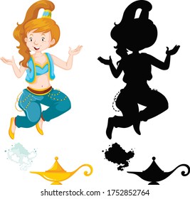 Genie girl magic lantern or aladdin lamp in color and silhouette isolated on white background illustration
