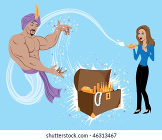 Genie granting wish of wealth to girl.