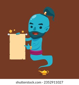 The Genie is holding a parchment paper. Isolated Vector Illustration