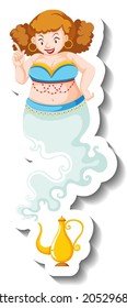 Genie lady coming out of magic lamp cartoon character sticker illustration