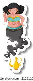 Genie lady coming out of magic lamp cartoon character sticker illustration
