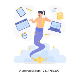 El genio de la lámpara ayuda con el concepto de trabajo. Carácter de cuento de hadas junto a cuadernos, gráficos y diagramas. El hombre resuelve las tareas de trabajo. Hombre ficticio en el cargo, lugar de trabajo. Dibujo vectorial plano de dibujos animados