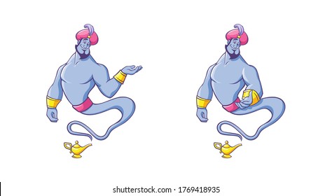 Genie from lamp. Magical character with smile in red Arabic turban gold bracelets emerges from ancient vessel cartoon kind character traditional Persian tale powerful magical vector creature.