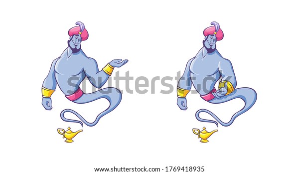 Genie from lamp. Magical character with smile\
in red Arabic turban gold bracelets emerges from ancient vessel\
cartoon kind character traditional Persian tale powerful magical\
vector creature.