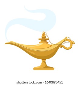 Genie Lamp With Smoke. Magic Antique Wish Aladdin Lantern Light. Vector