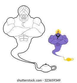 Genie and magic lamp of Aladdin coloring book. Strong man in turban. Fantastic character spirit.  