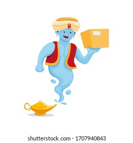 genie con paquete de transporte de lámpara mágica, envío expreso de mensajería y mascota de entrega en ilustración plana de caricatura vectorial