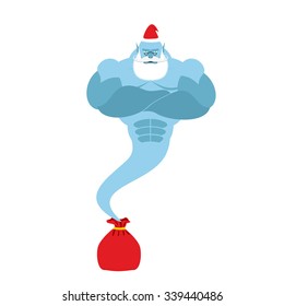 Genie is out of  bag Santa Claus. Magic spirit with a beard and mustache. Christmas clothes. Strong is fantastic person.