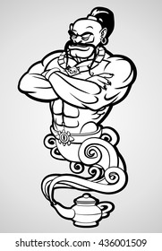 Genie out of the lamp. Vector black and white illustration.
