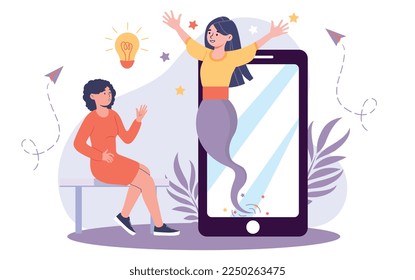 Genie from phone. Fantasy and imagination, traditions and culture. Fairy tale and fictional character. Modern technology, gadgets and devices. Wish and dream. Cartoon flat vector illustration