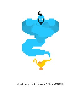 Genie pixel art. Magic gold lamp 8 bit. Eastern tale 8bit