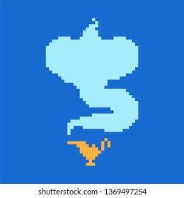 Genie pixel art. Magic gold lamp 8 bit. Eastern tale 8bit