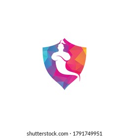 Genie shield shape concept Logo Design. Magic Fantasy genie concept logo.